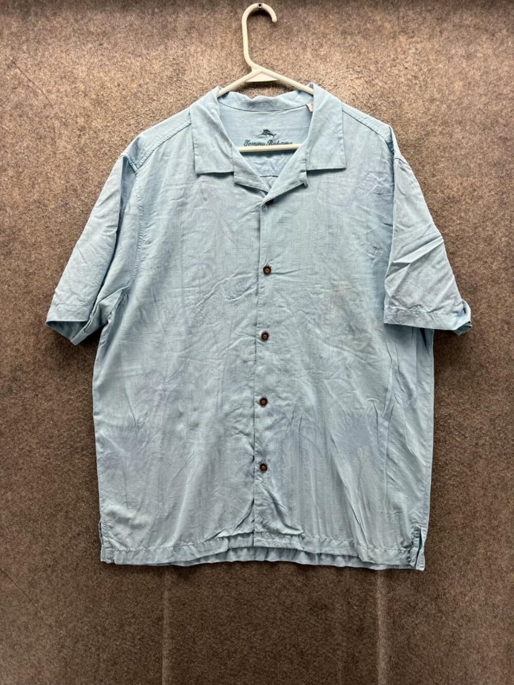 Tommy Bahama Shirt Men Large Blue Palm Tree Hawaiian Silk Short Sleeve Casual